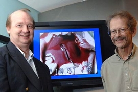 MIT research scientist Rutledge Ellis-Behnke, left, and Professor Gerald Schneider bracket a monitor showing a transected liver after it has been treated with a liquid solution containing peptides. The peptides self-assemble into a gel that essentially seals over the wound. The two developed the technique with MIT colleagues and researchers at the University of Hong Kong.