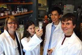 Professor Linda Griffith admires the way that Course 20 graduating seniors Lissa Riley, Mike Yee, and and Andrzej Wojcieszynski meld their knowledge of thermodynamics and laboratory savvy to derive festive experiments in celebration of the first graduating class of biological engineers.