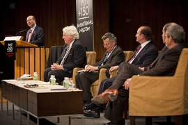 The 'The Evolution of Financial Technology' panel, included Andrew W. Lo, Harris and Harris Group Professor, MIT Sloan School of Management; John C. Cox, Nomura Professor of Finance, MIT Sloan; Robert C. Merton PhD ’70, School of Management Distinguished Professor of Finance,MIT Sloan; Stewart C. Myers, Robert C. Merton (1970) Professor of Financial Economics,MIT Sloan; Stephen A. Ross, Fran...