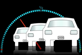 Illustration of three white cars in a line, against a black background. 