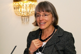 Nancy Kanwisher, a professor in the Department of Brain and Cognitive Sciences and a principal investigator at the McGovern Institute for Brain Research, delivers a talk at the MIT-hosted breakfast discussion about neuroscience.