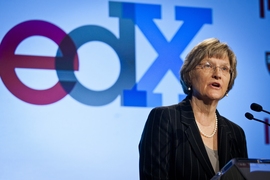 Harvard President Drew Faust delivers remarks during the press conference.