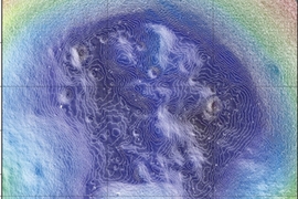 High-resolution map showing the topography in the interior of Shackleton crater as observed by the Lunar Orbiter Laser Altimeter.  Contours of elevation are plotted every 5 meters (16.5 feet). Colors show relative elevation with purple lowest and yellow highest. The crater is 4.1 kilometers (2.6 miles) deep. The spatial resolution of the topography is 10 meters and the radial accuracy is <1 meter.