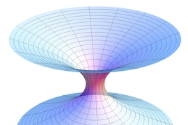 A diagram of a wormhole, a hypothetical "shortcut" through the universe, where its two ends are each in separate points in spacetime. 