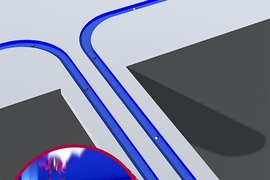 The illustration shows a suspended nanochannel resonator (SNR), which can directly measure the mass of individual nanoparticles with single-attogram precision. The inset shows a depiction from inside the embedded fluidic channel, while a DNA-origami gold nanoparticle assembly is passing through the resonator.