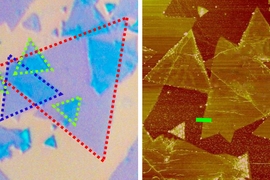 Dotted lines at left outline different layers of molybdenum disulfide, whose relative orientation determines the wavelength of the light that they emit.