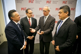 (Left to right): Eduardo Medina Mora, Mexico’s ambassador to the United States; Tecnológico de Monterrey President Salvador Alva; MIT President L. Rafael Reif; and José Antonio Fernandez Carbajal, the chairman of the board of trustees at Tecnológico de Monterrey.