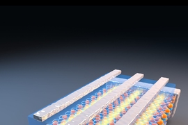 This diagram illustrates the concept behind the MIT team’s vision of a new kind of electronic device based on 2-D materials. The 2-D material is at the middle of a layered “sandwich," with layers of another material, boron nitride, at top and bottom (shown in gray). When an electric field is applied to the material, by way of the rectangular areas at top, it switches the quantum state of the m...