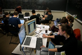 Teasha Feldman '14 keeps track of PuzzFeed's progress. The team wrote a computer program to help organize the puzzle-solving process.