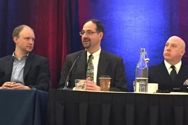 A panel discussion on fostering global innovation featured (from left) Eric Bielke, director of GE Ventures; Tibor Toth, of the Massachusetts Clean Energy Center; and Capt. James Goudreau, acting deputy assistant secretary for energy in the U.S. Navy.