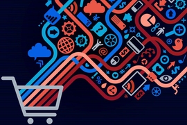 Graphic of shopping cart and colorful lines and visualizations coming out of it