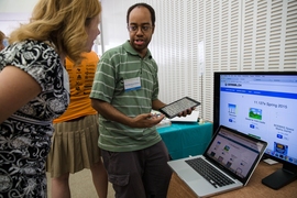 Paul Medlock-Walton demonstrates Gameblox, which was developed by researchers at the Education Arcade, and allows users to create their own games.