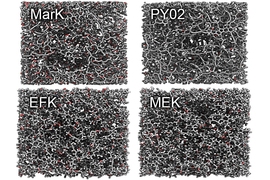 Images produced by the researchers show the molecular structure of different samples of kerogen and reveal the significant structural differences between "mature" kerogens, at top, and "immature" kerogens, at bottom.