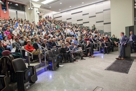 Room 10-250 was packed for the Killian Lecture, delivered by Tyler Jacks.