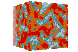 This image of a simulated concrete sample shows the "packing fraction" which describes the fraction of the volume that is filled with solid material. In this case, the average packing fraction is 0.52. Colors indicate the variations within the sample, ranging from less than 0.4 to more than 0.64. The size of the cube is 0.6 microns (millionths of a meter). 