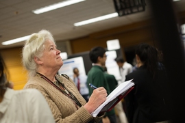 Stefanie Shattuck-Hufnagel, a principal research scientist in the Research Laboratory of Electronics, reviews a SuperUROP research project.