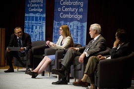 MIT Vice President for Open Learning Sanjay Sarma (left) leads a panel on "The Virtual Campus" during the symposium, with (from left) Susan Singer, Pul LeBlanc, and Anant Agarwal.