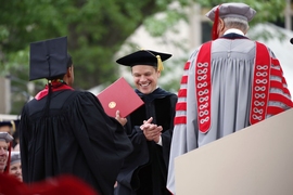 Invoking a scene from “The Martian,” in which actor and MIT Commencement speaker Matt Damon’s character declares himself a space pirate, MIT President L. Rafael Reif presented Damon with an authentic MIT Pirate Certificate. 