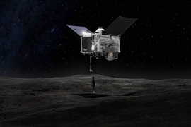 This artist's depiction shows the OSIRIS-REx spacecraft contacting the asteroid Bennu with its Touch-And-Go Sample Arm. The mission aims to return a sample of Bennu's surface coating to Earth and to return detailed information about the asteroid and its trajectory.