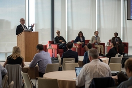 A panel discussion about the U.N. Sustainable Development Goals and their impact on higher education featured, from left, Peter Blaze Corcoran of Florida Gulf Coast University; John Fernandez, director of MIT's Environmental Solutions Initiative; Monika MacDevette, of the U.N. Environment Program in Nairobi, Kenya; Stephen Sterling, professor of sustainability education at Plymouth University in t...