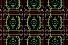 This image shows simulated iso-frequency contours of a photonic crystal slab superimposed on each other and tiled. 
