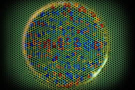 Images produced from computer simulations show the response of a graphene surface as a silicon tip slides over it. Relative forces of atomic friction on the surface are shown by colors: Red points are “pushing” sites that help propel the tip along the surface, while blue points are “pinning” sites of greater friction that inhibit the tip’s motion.