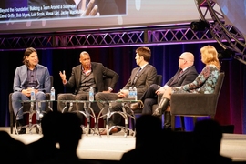 (Left to right): Basketball player Luis Scola; Masai Ujiri, president of the Toronto Raptors; Bob Myers, general manager of the Golden State Warriors; David Griffin, general manager of the Cleveland Cavaliers; and Jackie MacMullan, sportswriter.