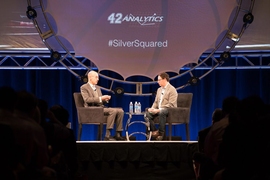 Adam Silver, commissioner of the NBA, (left) conducted an on-stage interview with author and statistician Nate Silver.