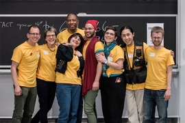 The MIT Day of Action was organized by a network of faculty, staff, and students from across campus. The core team included (left to right) Roger Levy, associate professor of brain and cognitive sciences; Ford Professor of Philosophy Sally Haslanger; Ceasar McDowell, professor of the practice in urban studies and planning; Sherene Aram, an administrator in the Microsystems Technology Laboratories;...