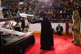 Professor Amos Winter (as Darth Vader) and Professor Sangbae Kim (as Chewbacca) discuss the rules for the 2017 MIT Mechanical Engineering 2.007 Student Design Final Robot Competition.