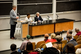 Lee and Moniz were introduced by John Tierney, former U.S. Representative from Massachusetts and executive director of Council for a Livable World, which promotes policies to reduce and eliminate nuclear weapons.