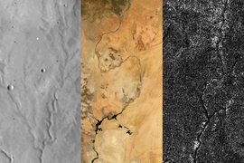 (Left to right): River networks on Mars, Earth, and Titan. Researchers report that Titan, like Mars but unlike Earth, has not undergone any active plate tectonics in its recent past. 