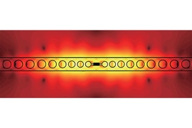 A micrograph of the MIT researchers’ new device, with a visualization of electrical-energy measurements and a schematic of the device layout superimposed on it.
