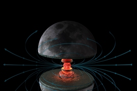 New measurements of lunar rocks have demonstrated that the ancient moon generated a dynamo magnetic field in its liquid metallic core (innermost red shell). The results raise the possibility of two different mechanisms — one that may have driven an earlier, much stronger dynamo, and a second that kept the moon’s core simmering at a much slower boil toward the end of its lifetime. 