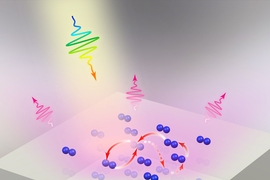 In this image, light strikes a molecular lattice deposited on a metal substrate. The molecules can quickly exchange energy with the metal below, a mechanism that leads to a much faster response time for the emission of fluorescent light from the lattice.
