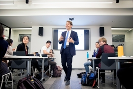 Bruno Verdini leads a class discussion for 11.011 (The Art and Science of Negotiation.) Verdini is a lecturer on urban planning and negotiation in the MIT Department of Urban Studies and Planning, as well as the executive director of the MIT-Harvard Mexico Negotiation Program.