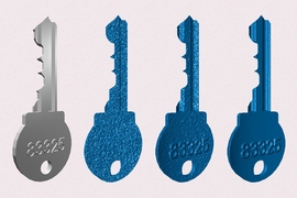 Comparing of the cascaded GHz approach with Kinect-style approaches visually represented on a key. From left to right, the original image, a Kinect-style approach, a GHz approach, and a stronger GHz approach. 
