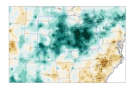 This map shows deviations in precipitation compared to the previous half-century. Areas of increased rainfall are shown in green (with the darkness increasing in proportion to the amount of increase) and areas
