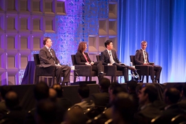 MIT Sloan Sports Analytics Conference co-founders (far left) Daryl Morey, general manager of the Houston Rockets, and (next to him) Jessica Gelman, CEO of the Kraft Analytics Group, on stage at this year's edition of the event in Boston, on Feb. 23.