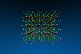 Diagram illustrates the crystal lattice of a proposed battery electrolyte material called Li3PO4. The researchers found that measuring how vibrations of sound move through the lattice could reveal how well ions – electrically charged atoms or molecules – could travel through the solid material, and therefore how they would work in a real battery. In this diagram, the purple pyramid-like shapes...