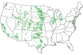 Based on measurements taken at more than 100,000 wells around the country, the MIT researchers identified these locations, indicated by green dots, that have a combination of a severe shortage of freshwater, and a large reserve of brackish groundwater that could potentially be desalinated and used.