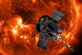 Illustration of NASA's Parker Solar Probe in front of the Sun.