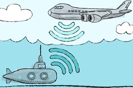 MIT Media Lab researchers have designed a system that allows underwater and airborne sensors to directly share data. An underwater transmitter directs a sonar signal to the water’s surface, causing tiny vibrations that correspond to the 1s and 0s transmitted. Above the surface, a highly sensitive receiver reads these minute disturbances and decodes the sonar signal.