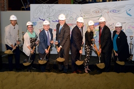 Ceremonial groundbreaking, left to right: Community Art Center Apprentice William Gallop, Community Art Center Executive Director Eryn Johnson, Aurora Flight Sciences CEO John Langford, Boeing CTO Greg Hyslop, MIT Provost Martin Schmidt, Cambridge Vice Mayor Jan Devereux, MIT Museum Director John Durant, and MIT Co-Director of Government and Community Relations Sarah Gallop