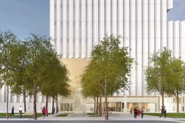 A view of the east façade of the new U.S. DOT Volpe building as seen from Fifth Street. 