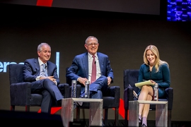 (L-R) Stephen A. Schwarzman and MIT president L. Rafael Reif in a conversation moderated by Becky Quick of CNBC