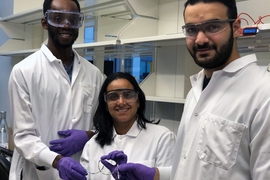 Representative prototype of gastric resident system featuring (l-r) MIT undergraduate researcher Feyisope Eweje, MIT graduate student Malvika Verma, and researcher John A F Salama.