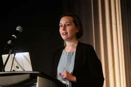 Social Implications and Responsibilities of Computing working group co-chair Julia Shah, an associate professor of the aeronautics and astronautics, welcomes the crowd to Wednesday morning’s forum, held at the Kresge Little Theater.