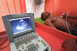 A patient receives an ultrasound at MDaaS Global's clinic in Ibadan, Nigeria. MDaaS provides diagnostic services to low-income communities that were previously inaccessible.