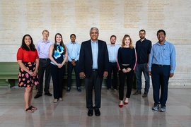 Members of GradSAGE, with School of Engineering Dean Anantha Chandrakasan (center). From left to right: Angela Acocella, Parker Vascik, Jessica Boles, Vamsi Mangena, Anantha Chandrakasan, Lucio Milanese, Laureen Meroueh, Benjamin Lienhard, Dhanushkodi Mariappan.